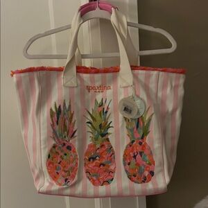NWT Spartina 449 Pink & White Striped Moreland Pineapple Embroidered Beach Tote